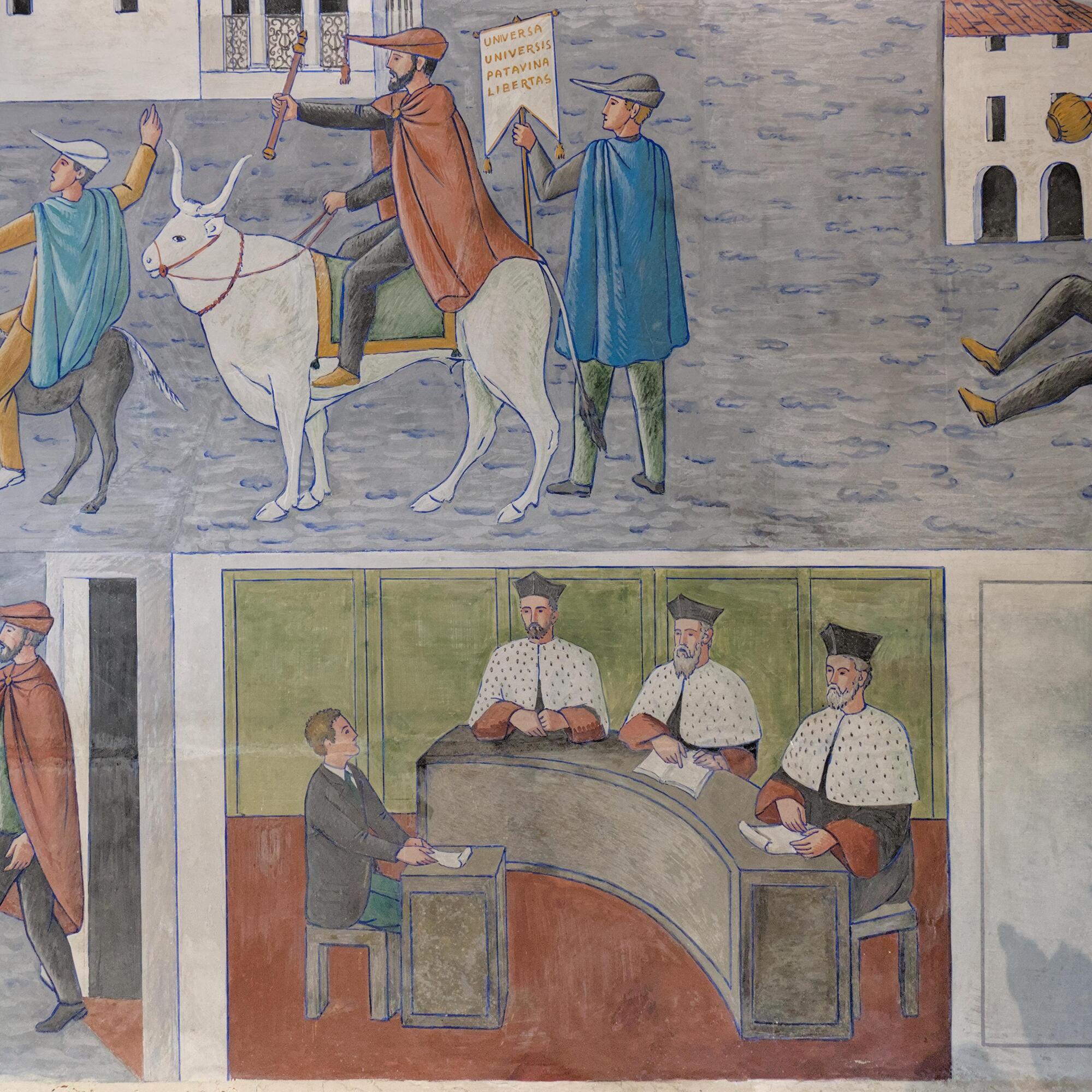 Fulvio Pendini, affresco a soggetto goliardico all’ingresso del Collegio Universitario Gregorianum (Giulio Brunetta, 1963), via Marcel Proust 10, Padova