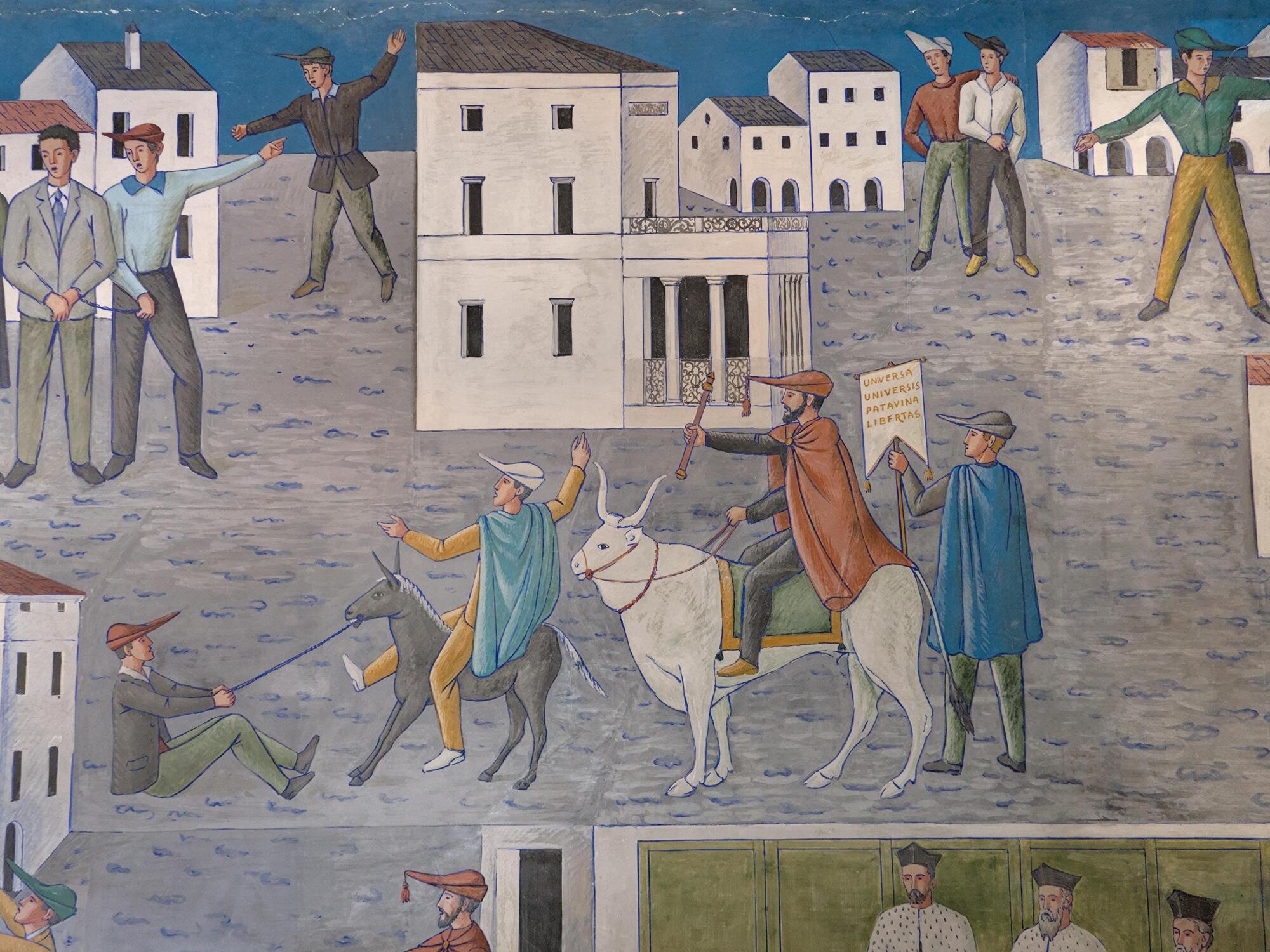 Fulvio Pendini, affresco a soggetto goliardico all’ingresso del Collegio Universitario Gregorianum (Giulio Brunetta, 1963), via Marcel Proust 10, Padova