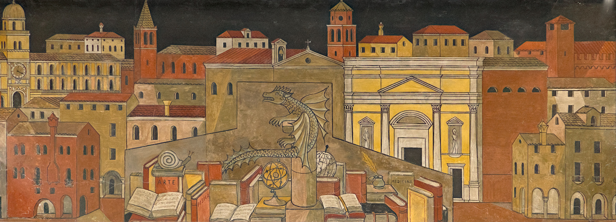 Fulvio Pendini, veduta di Padova con riferimenti iconografici alla libreria Draghi e alla galleria d'arte La Chiocciola, 1963, Galleria Santa Lucia, Padova