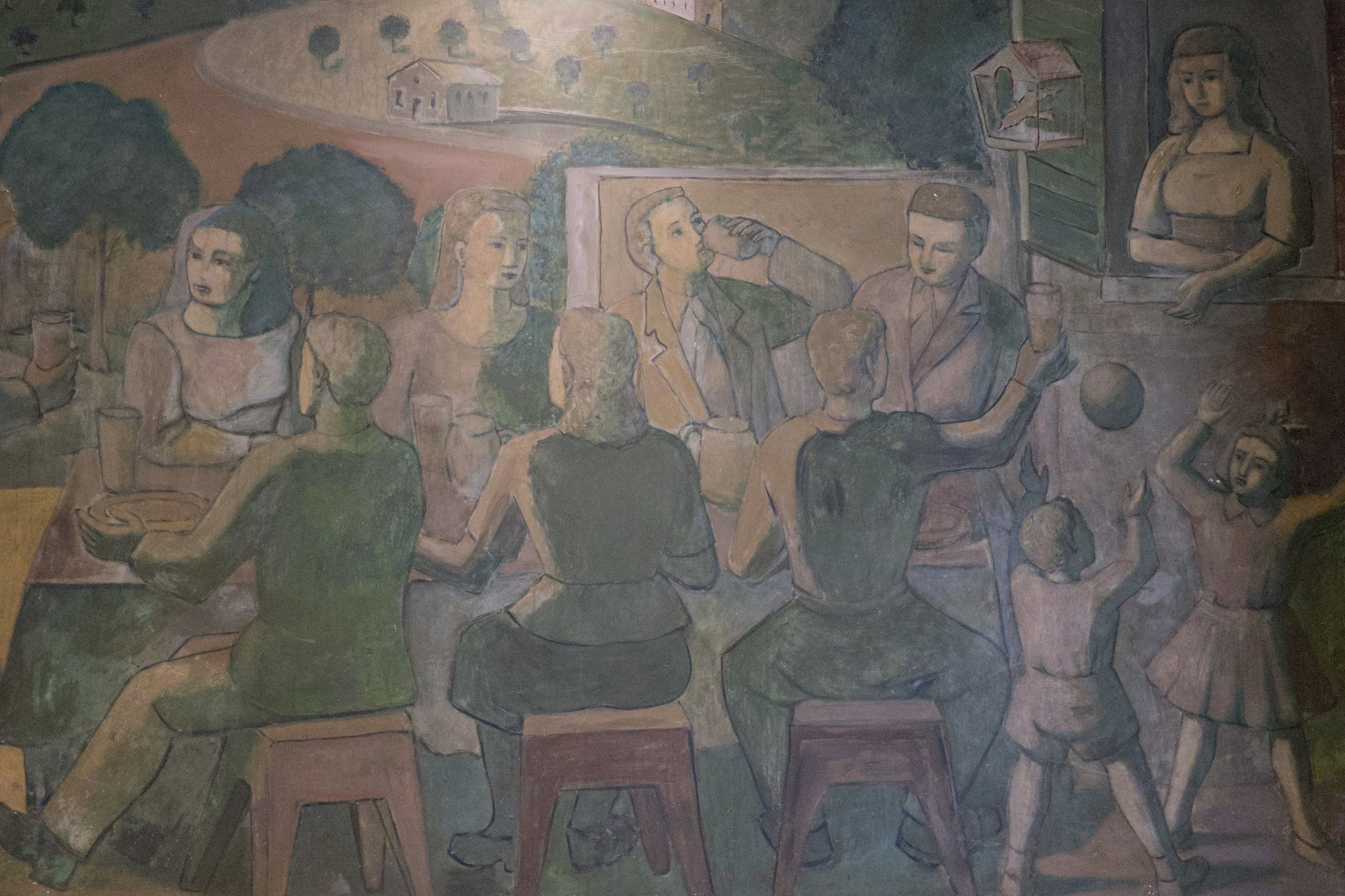 Fulvio Pendini, grande pittura murale con scene di vita conviviale, 1950, piazzale Stanga, Complesso Bi.Ri. o Autostazione Trionfo (Giulio Brunetta, 1949-50), Padova